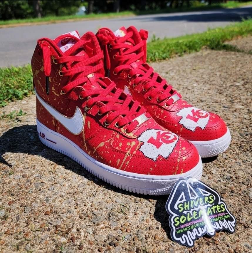 Customized Gym Red Gold Splatter Nike Air Force 1 Perforated High Shivers SoleMates